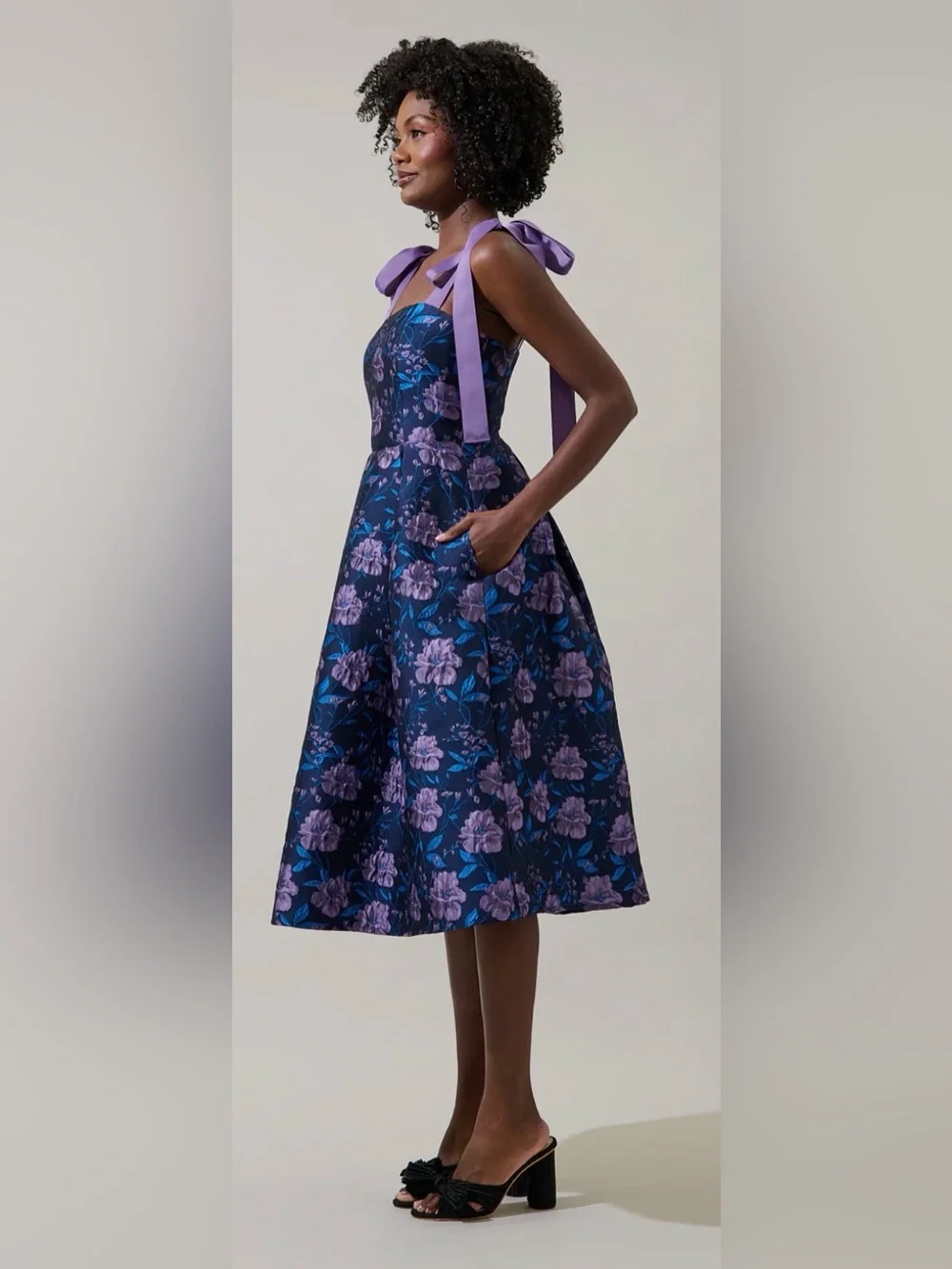 NWT Sugarlips Floral Jacquard Tie-Shoulder Pleated Midi Dress - Picture 5 of 15